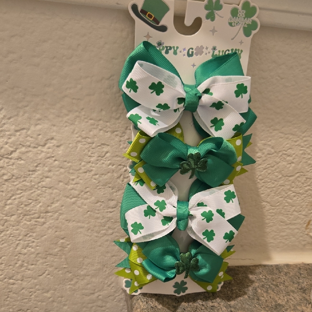 Festive Green and White Shamrock  Four Hair Bows New